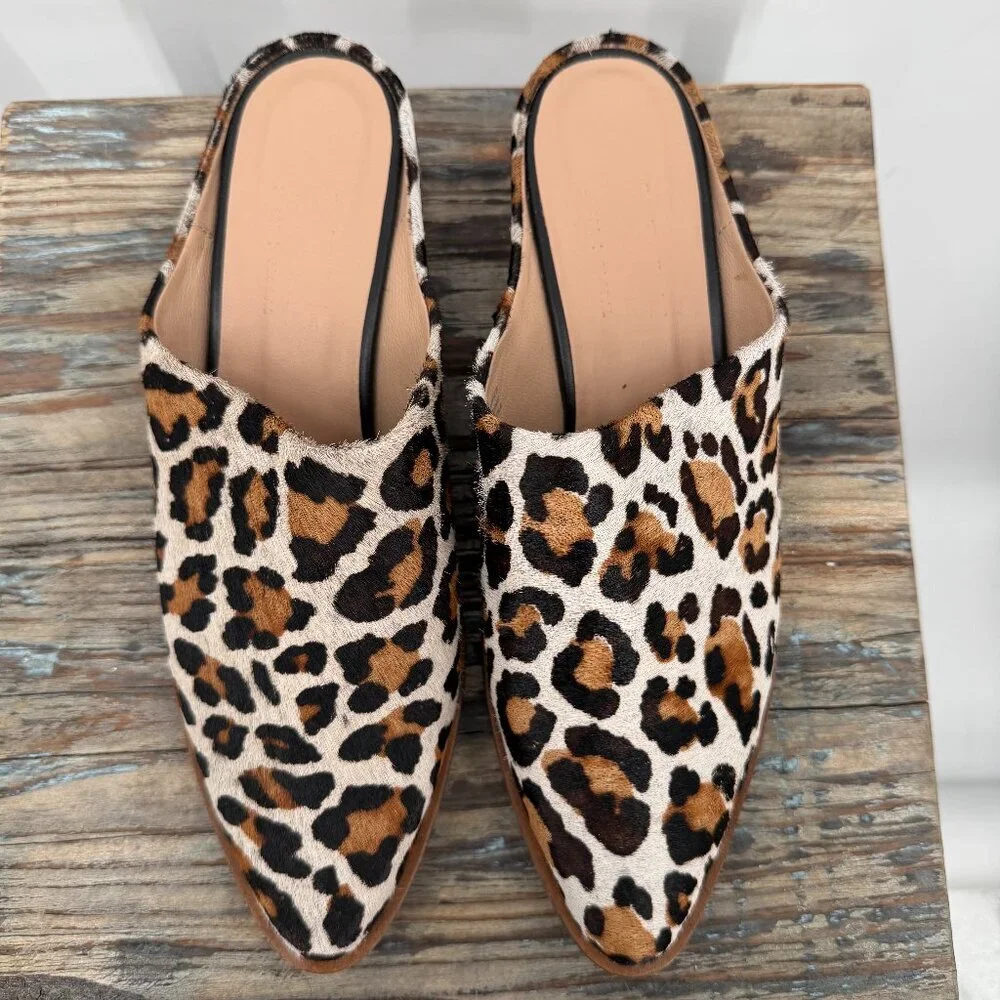 ABLE Local+Global Leopard Hair On Leather Mules Women’s 9.5 Block Heel Slip On - Picture 2 of 9